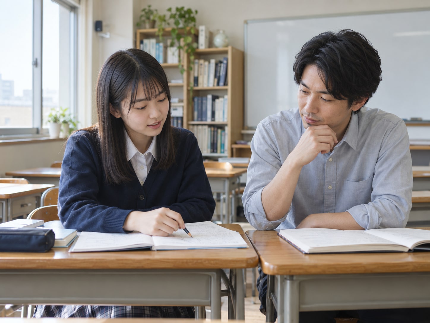 日本の学習塾で高校生が考えを説明し講師が耳を傾けるイメージ