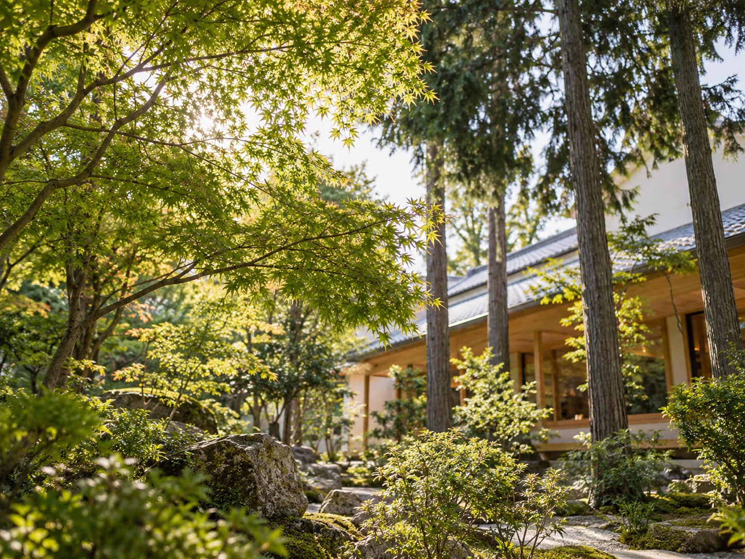 日本庭園の木々と木造建築をイメージした風景